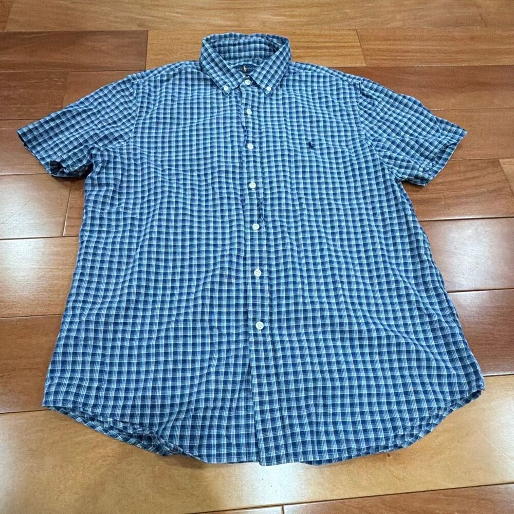 Ralph Lauren Button Down Shirt Mens Blue Plaid Indigo Oxford Short Sleeve L